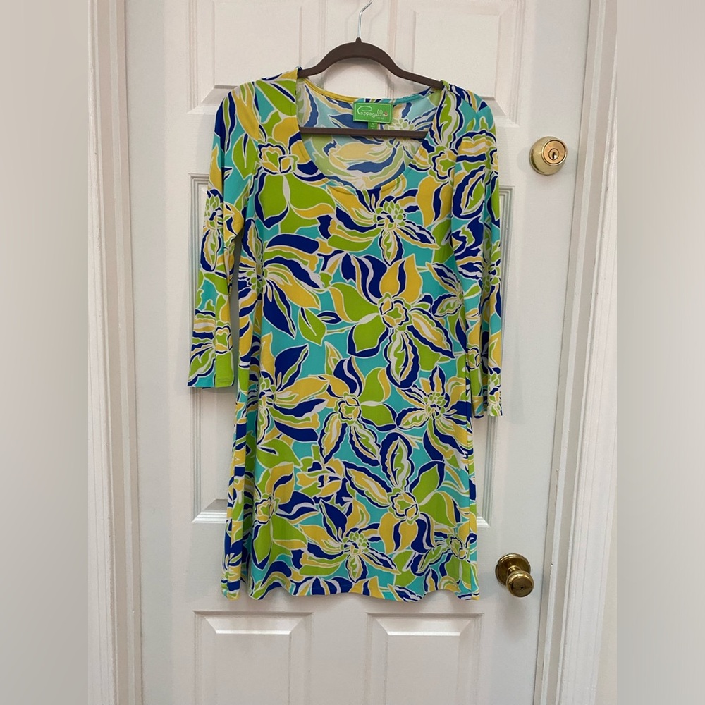 Pappagallo Multicolor Floral Shift Dress in Blue, Green, Yellow - Small